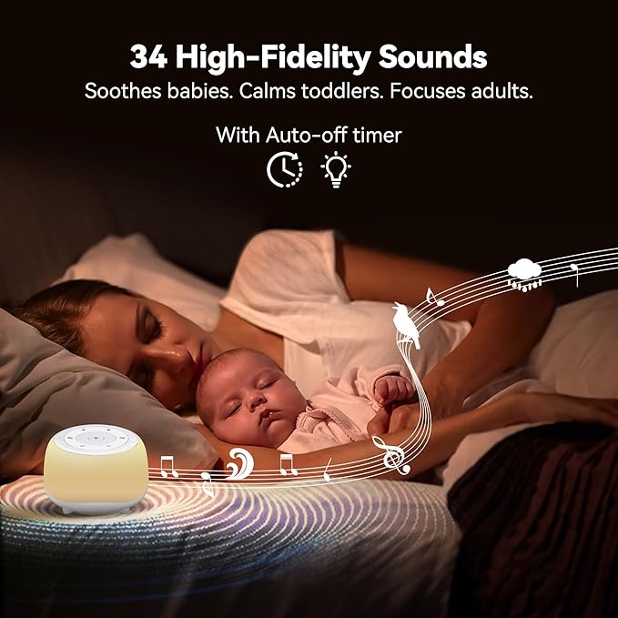 White Noise Sound Machine with 7 Colors Night Light 34 Soothing Sounds, Portable Sound Machine for Baby Adults Kids Sleep with 30 Volume Levels 4 Timers Adjustable Brightness (White) - Bloomnest
