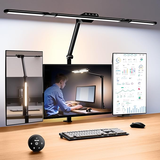 Quntis 32.5" Architect Desk Lamps for Office Home Dorm - Eye Care 3 Light Bar 1100LM Bright, Ambient Backlight, Radar Sensor, Remote Control, 2H Timer, Workbench Drafting Reading Video Conference Task - Bloomnest