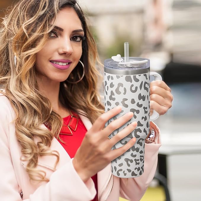 COKTIK 40 oz Tumbler With Handle and Straw Lid, Vacuum Insulated Travel Coffee Mug Stainless Steel Insulated Cup for Beverages, Leak-proof, Cupholder Friendly (Cream White Leopard) - Bloomnest