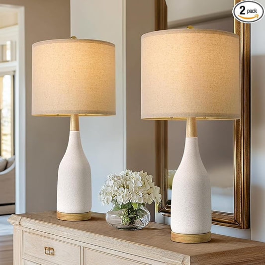 PORTRES 27" Ceramic Table Lamps for Bedroom Living Room Vintage Lamp Set of 2 Bedside Nightstand Lamp Large Farmhouse Rustic Boho Retro Modern Table Lamp Light Home Office Desk Deco Gifts, White - Bloomnest