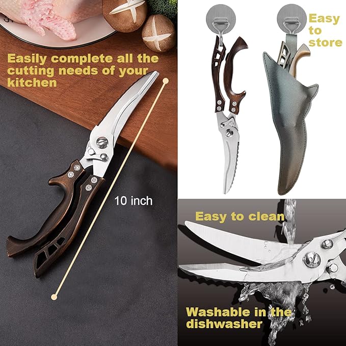 ANDONG Kitchen Scissors, Heavy Duty Professional Poultry Shears, Stainless Steel Spring Loaded, Dishwasher Safe, with Black Leather Sheath - Bloomnest