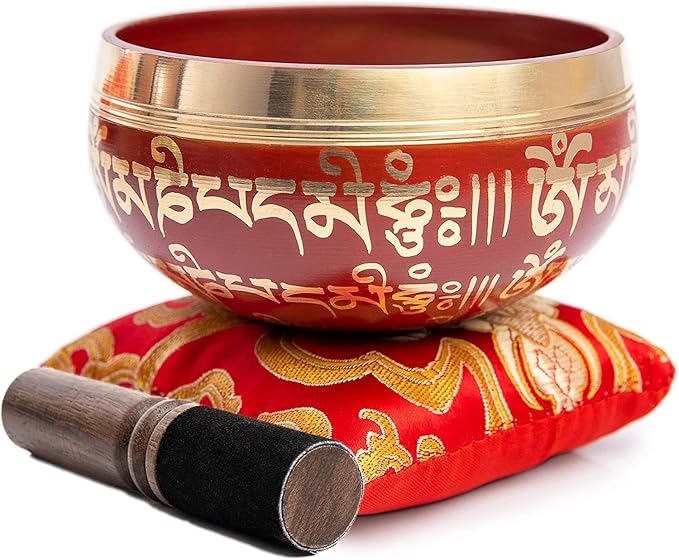 Tibetan Singing Bowl Set - Easy To Play for Beginners - Authentic Handcrafted Mindfulness Meditation Holistic Sound 7 Chakra Healing Gift by Himalayan Bazaar (Crimson) - Bloomnest