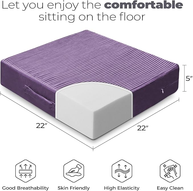 Large Floor Pillows for Adults, Thick Meditation Floor Cushions for Sitting Yoga, 22x22x5 Foam Seat Cushions Set of 2 for Furniture, Floor Pillow with Pleated Velvet Removable Cover, Lavender