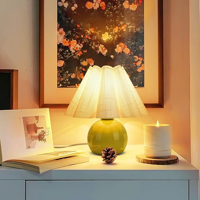 Green Small Bedside Mini Table Lamp for Bedroom, Cute Bedroom Lamps for Nightstand, Cute Mini Table Lamps for Small Spaces with Scalloped Shade for Kitchen Counter, Bookshelf, Kids Dorm - Bloomnest