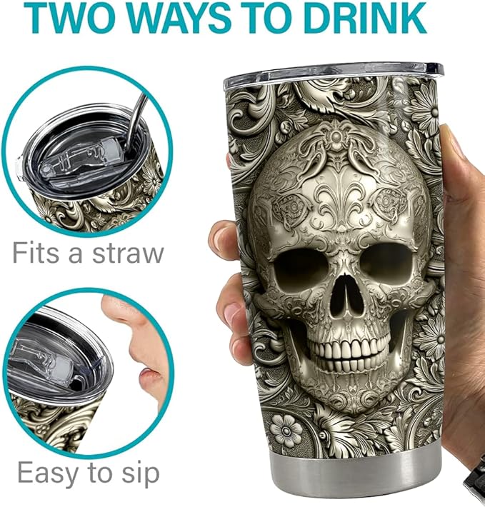 SANDJEST Personalized Skull Tumbler Stainless Steel Tumblers 20oz 30oz Coffee Travel Mug Cup Gift for Men Birthday - Bloomnest
