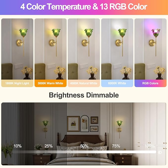 2 Pack Battery Operated Wall Sconce with Green Glass Shades, Wireless Rechargeable RGB Wall Light with Remote Control, for Bedroom Mirror Living Room - Bloomnest