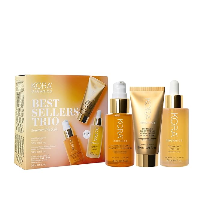 KORA Organics Best Sellers Trio, Gift Set with Noni Glow Face Oil, Turmeric Brightening & Exfoliating Mask and Foaming Cleanser (3 Items) - Bloomnest