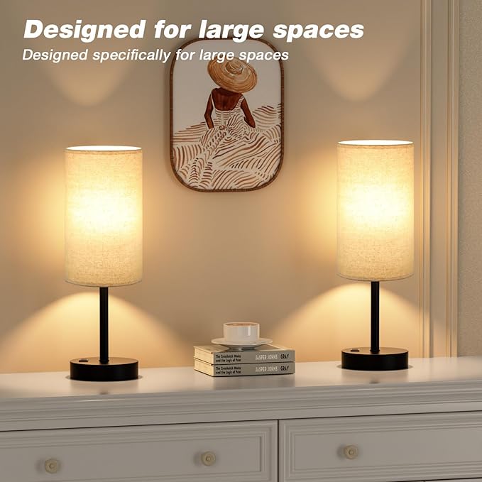 Fenmzee Touch Table Lamp - Beige, 3-Way Dimmable, USB A + C Charging, AC Outlet, 17.4inch Medium, Black Metal Base - Bloomnest
