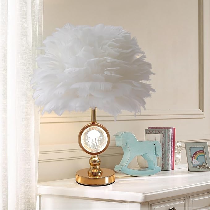 Chic White Feather Lamp Decoration Fluffy Table Lamp Creative Princess Goose Feather Desk Lamp Teen Girl Wedding Bedroom Romantic Bedside Nightstanding Light - Bloomnest