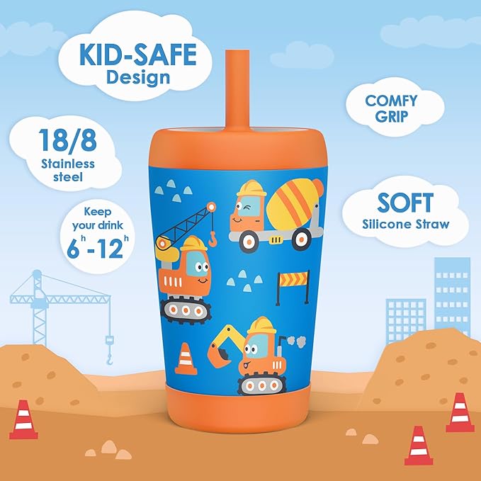 Kid Insulated Stainless Steel Tumbler with Silicone Straw, 12oz Sippy Cup for Kids (Construction Trucks) - Bloomnest