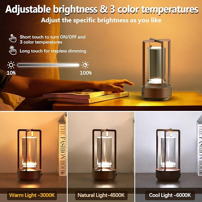 Small Cordless Table Lamps Rechargeable Set of 2 for Indoor/Outdoor, Portable Battery Operated Powered Lamps, Dimmable 3 Color Modes Waterproof, LED Desk Lights for Bedroom/Restaurant/Camping-Brown - Bloomnest