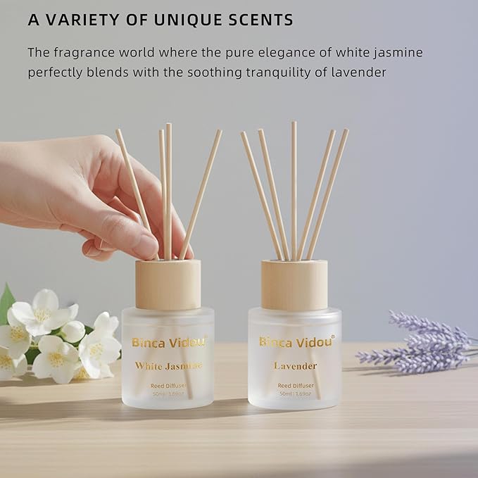 Reed Diffuser Set, Binca Vidou Lavender & White Jasmine Natural Scent Oil Diffusers with Sticks for Home Office Bathroom Aromatherapy Decor 1.69oz x 2 - Bloomnest