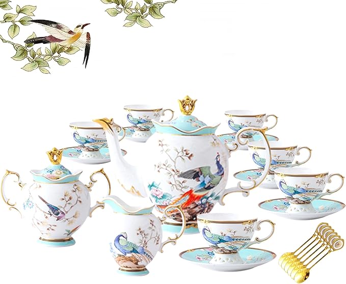 ACMLIFE Fine Bone China Tea Set with Teapot, Porcelain Tea Sets for Adults, 21-Piece Vintage Tea Set for 6, 24K Gold Blue English Floral British Bone China Tea Sets for Women Tea Party for Gifts - Bloomnest