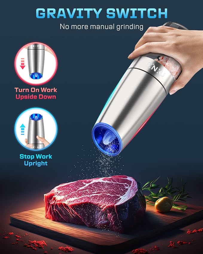 XinXu Gravity Electric Pepper and Salt Grinder Set, Adjustable Coarseness, with LED Light, One Hand Automatic Operation (Set/Silver X) - Bloomnest