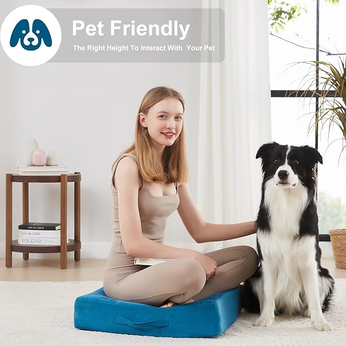 2 Pcs High Density Foam Floor Pillow - Upgraded Large Pillows Seating for Adults - Outdoor Floor Cushion with Soft Tufted Cover - Yoga Pillows for Sitting On Floor - 22 Inch Peacock Blue - Bloomnest
