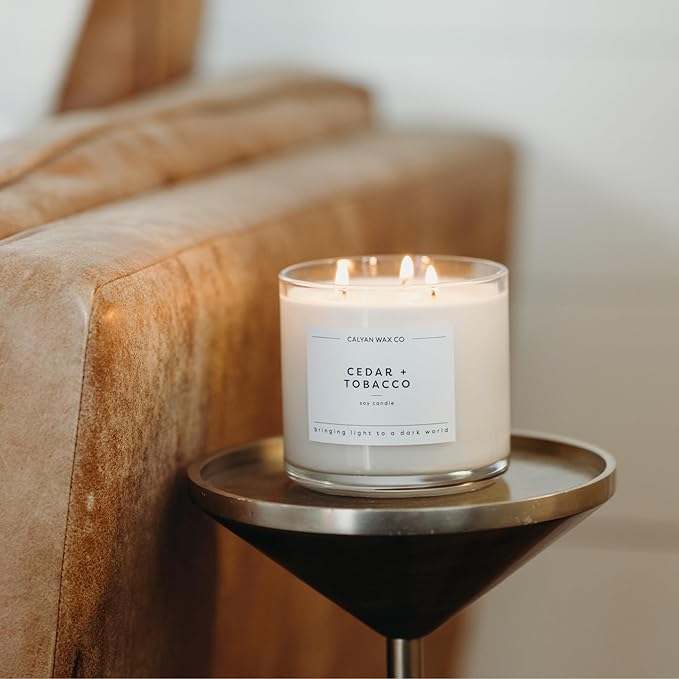 Calyan Wax Co. Cedar & Tobacco 3 Wick Scented Candle - 43 Hour Burn - Luxury 3 Wick Soy Candles - Non Toxic Soy Wax Candles - Long Lasting Large Glass Jar Candle for Home - 14.9oz - Bloomnest