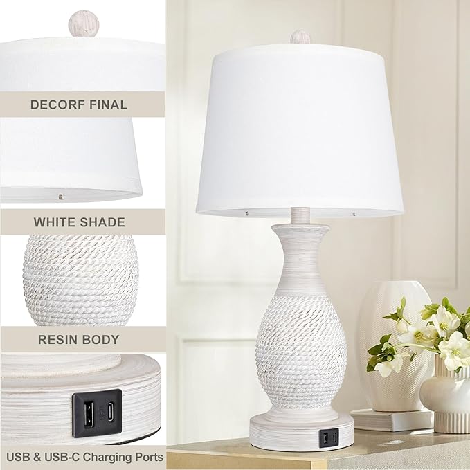 PARTPHONER Table Lamps Set of 2, Bedside Touch Lamp with USB C+A Charging Ports, Side Table Lamp with White Fabric Shade (LED Bulbs Included) - Bloomnest