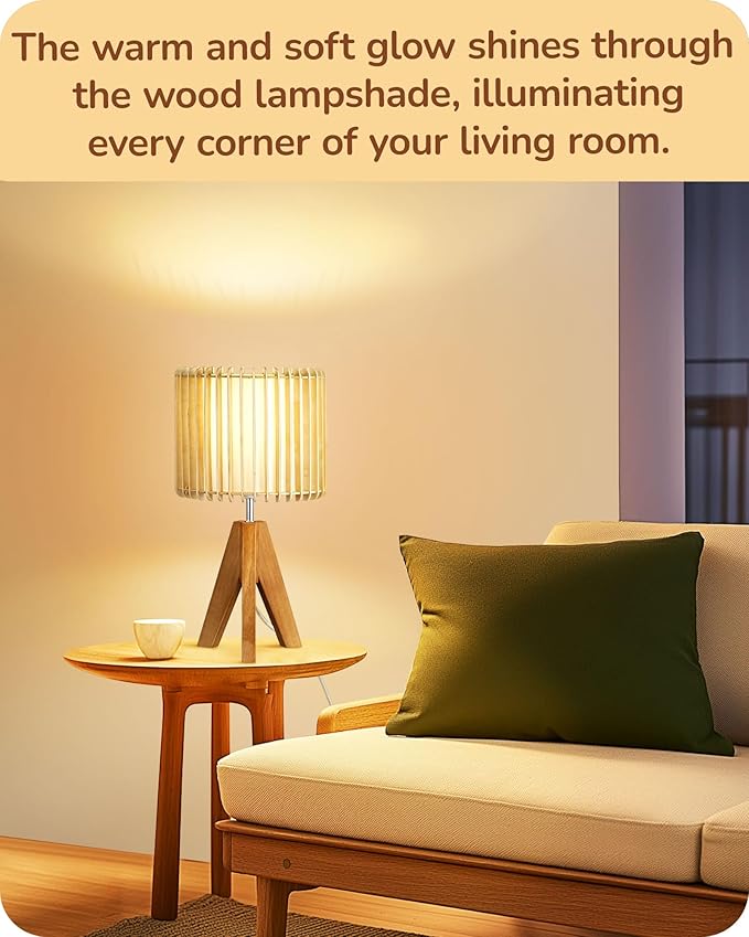 EDISHINE 14.17" Small Table Lamp, Wood Tripod Bedside Lamp, Natural Wood-Colored Hollow & White PVC Shade, E26 Base, Boho Nightstand Lamp for Bedroom, Living Room, Office, Study - Bloomnest