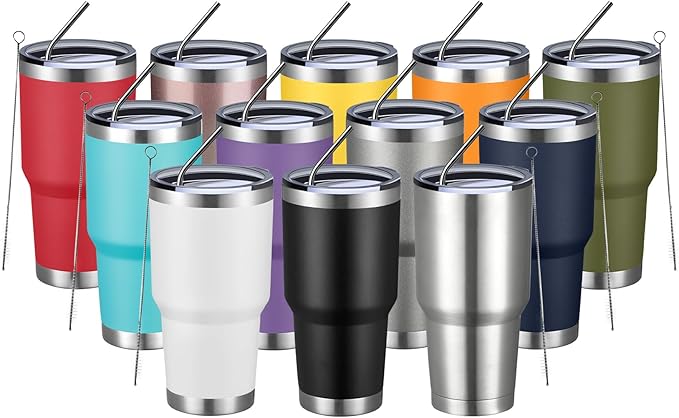 MEWAY 30oz Insulated Tumbler With Lids and Straws,Stainless Steel Double Vacuum Coffee Tumbler Cup, Brush, Durable Powder Coated Coffee Cup for Cold & Hot Drinks, Office, Travel(mixture,12 PACK) - Bloomnest