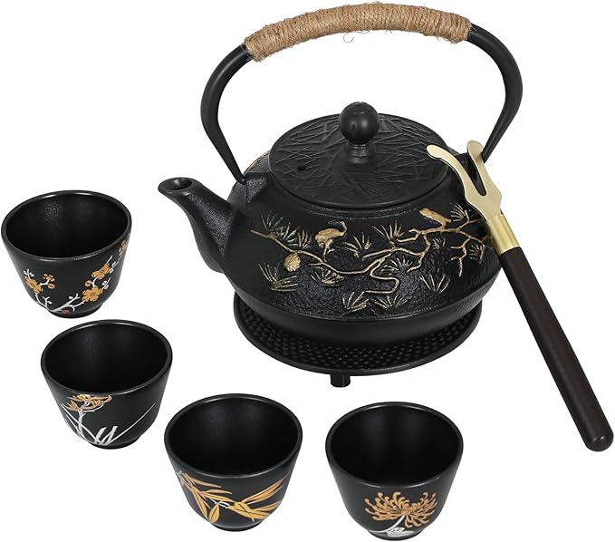 RekRang Longevity Crane Cast Iron Teapot, Japanese Style Tetsubin Tea Kettle with 4 Cups, Removable Infuser and Trivet, Antique Cast Iron Tea Set for Stove, 800ml, 28Ounce - Bloomnest