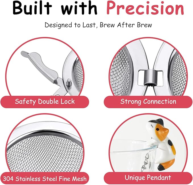 Calico Cat Tea Infuser Set - Adorable Tricolor Kitty Hook, Fine Mesh Loose Leaf Tea Steeper, Stainless Steel, No Mess, 1 Pack (Cat Lazily Sprawled on the Cup)