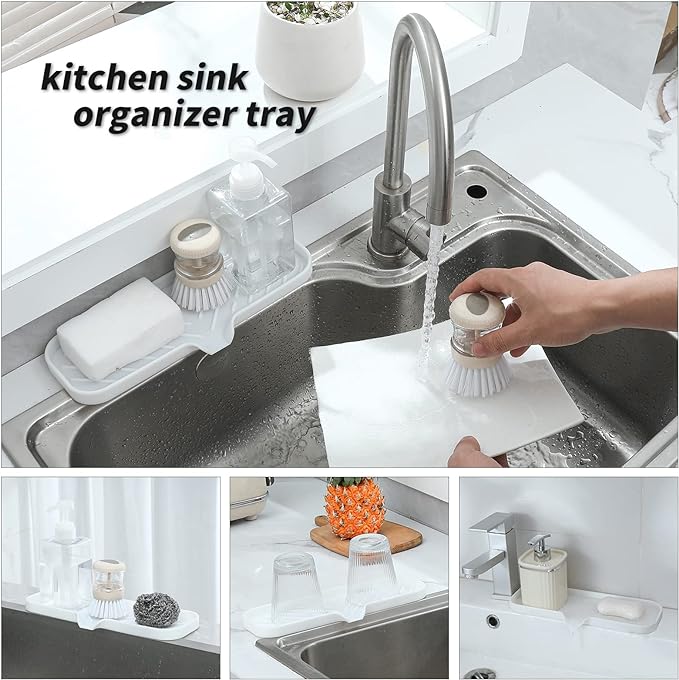Silicone Bathroom Soap Dishes with Drain Spout-Bathroom and Kitchen Sink Organizer,Sponge Holder,Dish Soap Tray,Perfect for Dispenser,Scrubber,Bottle,Cup on Sink or Counter-White 12"×4" - Bloomnest