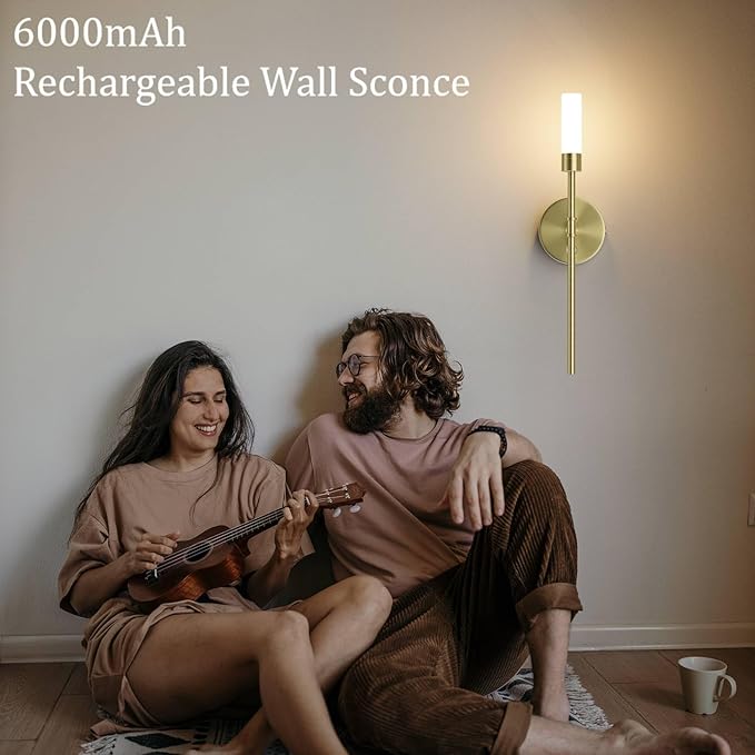 Gold Battery Operated Wall Sconces Set of Two,6000mAh Rechargeable Wall Sconce 3 Colors Stepless Dimming Wireless Wall Lights with Remote Control for Bedroom,Living Room - Bloomnest