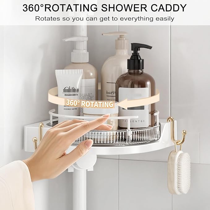 360° Rotating Corner Shower Caddy Tension Pole Organizer - 4-Tier Adjustable Rustproof Metal Pole, Plastic Shelves with Safety Guardrail, Bathroom Storage for Shower & Bathtub(White) - Bloomnest