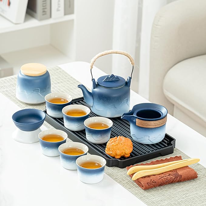 ICHAG Chinese Tea Set, Japanese Tea Sets for Adults, 15-Piece Porcelain Gongfu Tea Set with Tea Pet & Tea Tray, Japanese Teapot Set, Travel Tea Party Set, for Home/Office/Outdoor/Gifts (Blue) - Bloomnest