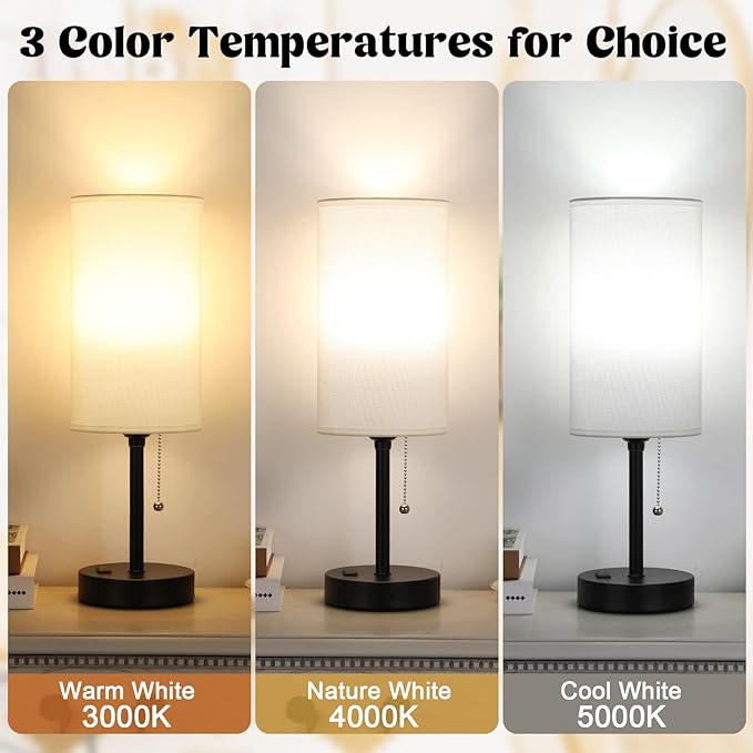 17.4Inches White Bedside Lamp for Bedroom Nightstand - Tall Lamp with USB A + C Charging Port & AC Outlet, 3 Color Temperatures Pull Chain, Side Desk Reading Light for Living Room - Bloomnest