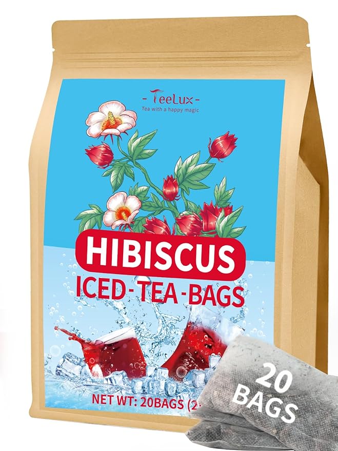 TeeLux Hibiscus Iced Tea, Family Sized Hibiscus Tea Bags, Natural Hibiscus Flowers Herbal Tea, Refreshing Tart Flavor, Caffeine Free, 20 Count - Bloomnest