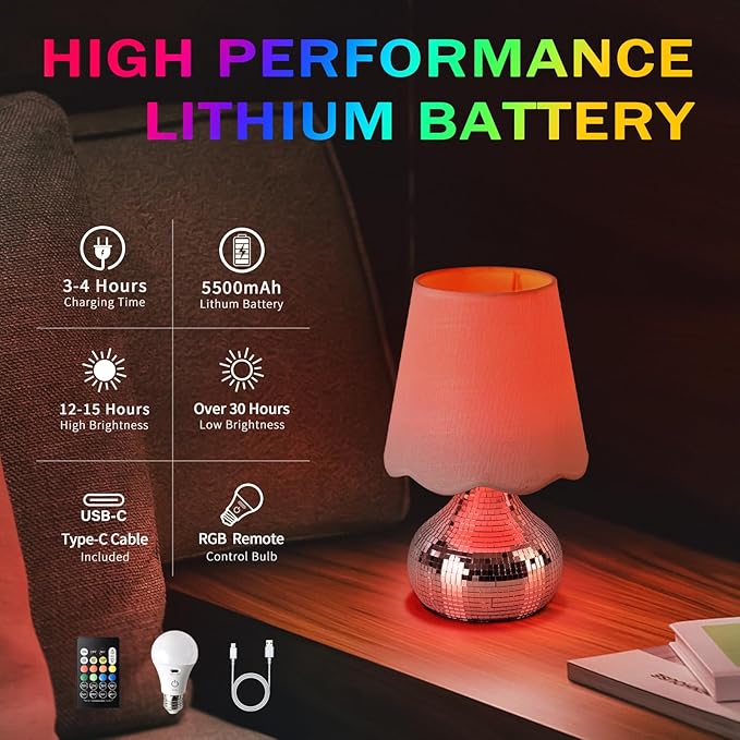 Rechargeable Cordless Small Funky Table Lamp, Battery Operated Remote Control Disco Mini Table Lamps for Bedroom Nightstand, Funky Small Table Lamp for Small Spaces for Kitchen Counter, Bookshelf - Bloomnest