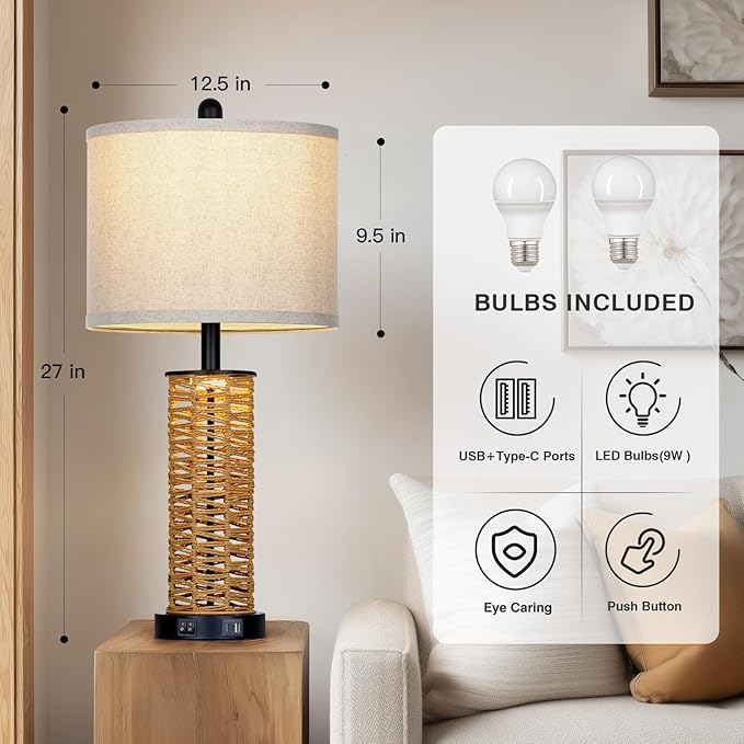 27" Boho Rattan Table Lamps Set of 2, Coastal Bedside Lamp with Night Light, Woven Wicker Bedroom Nightstand Lamps with USB A+C Charging Port, Tall Farmhouse Lamp for Living Room End Table - Bloomnest