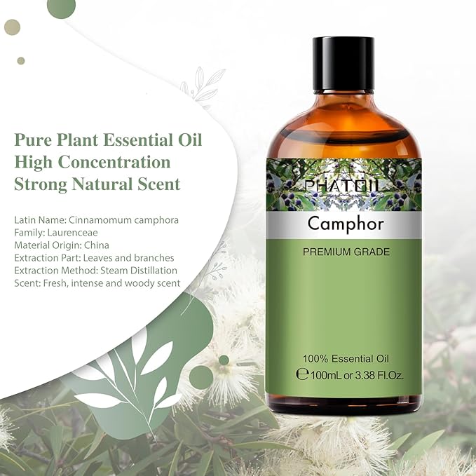Camphor 3.38fl.oz Essential Oil, PHATOIL Aromatherapy Essential Oils for Diffuser, Humidifier, Perfect for DIY Soap, Candle, Bath Bombs Making(100ml) - Bloomnest