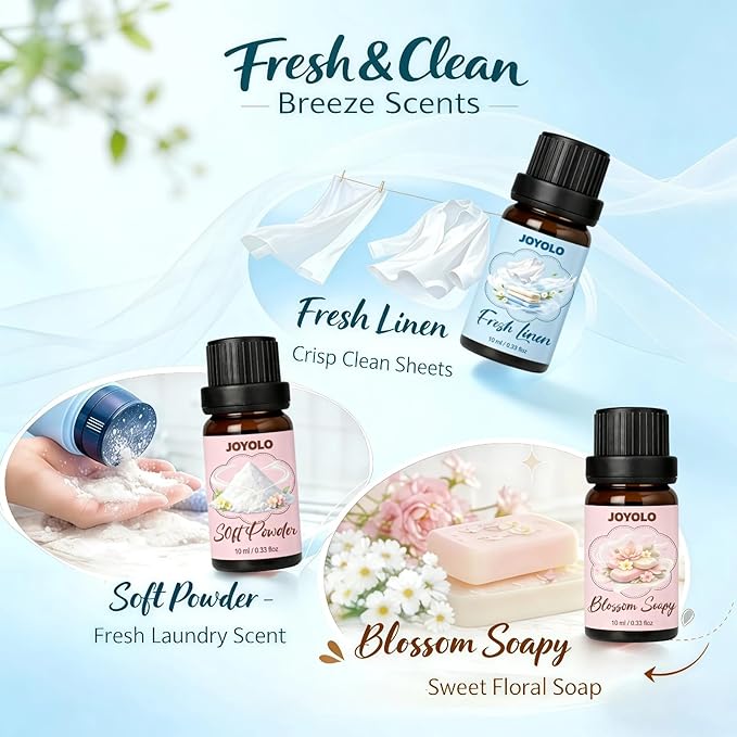 Essential Oil Diffuser & Essential Oils Set, Aromatherapy Diffuser with 7 LED Colors, 6 Oils Gift Pack (Clean Home, Peppermint, Blossom Soapy, Soft Powder, Fresh Cotton, Fresh Linen) - Bloomnest