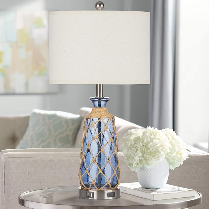 25.5" Coastal Glass Table Lamps Set of 2, 3-Way Dimmable Touch Control Bedside Lamps with 2 USB Ports and AC Outlet, Blue Nautical Nightstand Lamps for Bedroom Living Room (LED Bulbs Included) - Bloomnest