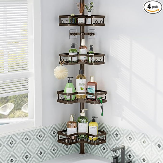 HEVEL Corner Shower Caddy Tension Pole, 4 Tier Adjustable Shower Organizer Corner 62-115 Inch, Rustproof Bathroom Shower Shelves for Bathtub Storage,Bronze - Bloomnest