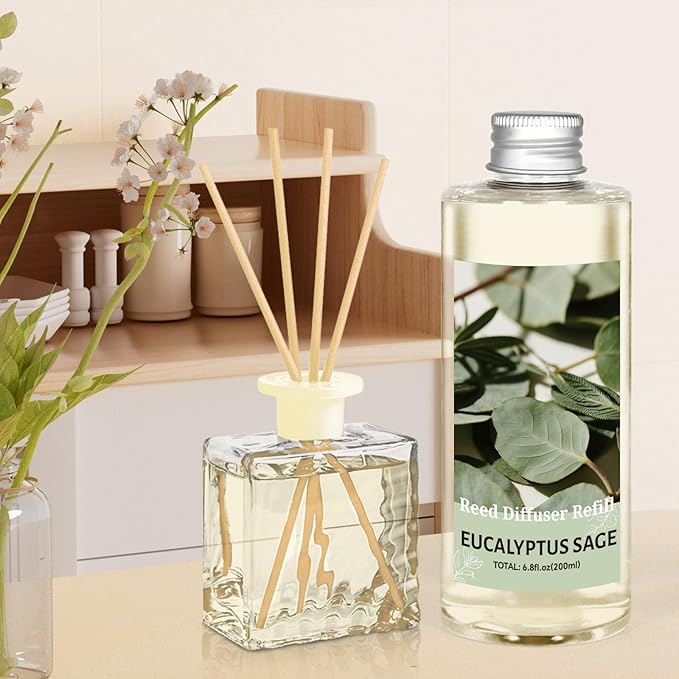 STRN Reed Diffuser Oil Refill, Eucalyptus Sage Scented Reed Diffuser Set, 6.8 fl.oz（200ml, Reed Diffuser Refill for Home Fragrance, Bedroom, Bathroom Office Home Decor - Bloomnest