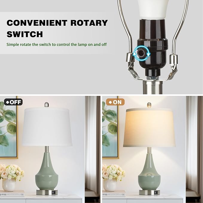 Modern Green Table Lamp Set of 2, 24" Ceramic Table Lamp with USB A+C Ports,Classic Beside Lamps Nightstand Lamp Modern Lamp for Living Room, Bedroom & Office -LED Bulbs Included - Bloomnest