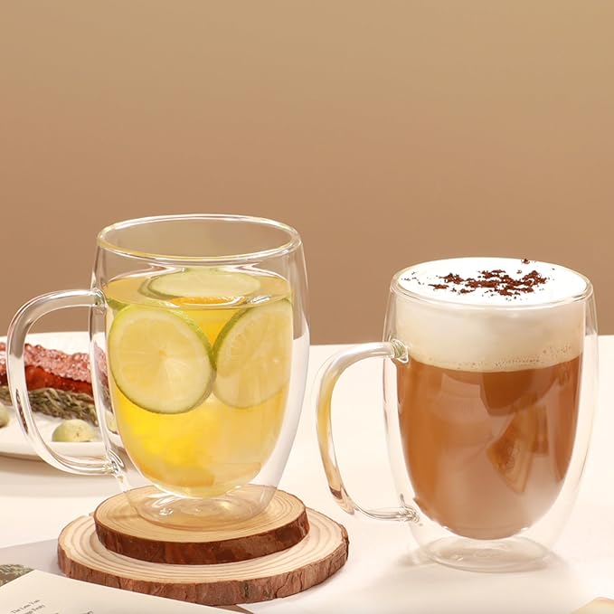 CNGLASS 12oz Double Walled Glass Coffee Mugs(4-pack),Insulated Glass Mugs with Handle,Clear Espresso Cups for Latte,Cappuccino,Tea Bag - Bloomnest