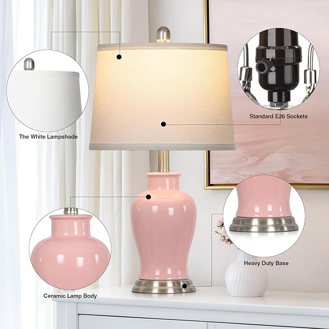23" Pink Ceramic Table Lamps for Living Room, Modern Ceramic Lamps with Ginger Jar Design, Cute Bedside Lamp Set of 2, Elegant Bedroom Lamp for Nightstand Dining Room Side End Table Homedecor - Bloomnest