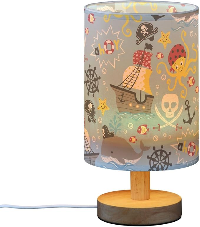 Table Lamp Pirate Marine Animal Octopus Whale Fish Nautical Skull Nightstand Lamp with Wood Base Fabric Lamp Shade Bedside Desk Lamp for Living Room Bedroom Kids Room Office - Bloomnest