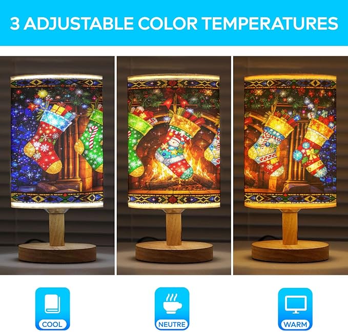 Stocking Hangs from a Cozy Fireplace Mantel Table Lamp LED 3-Color Pressed Bedside for Merry Christmas, Stocking Shade Christmas Table Lamp with Wood Base for Bedroom Living Room Desk Office - Bloomnest