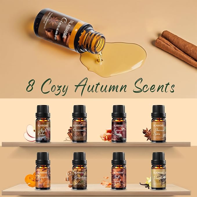 Fall Essential Oils Set | 8 Pcs Autumn Essential Oils for Diffusers for Home, Fragrance Oil for Candle, Aromatherapy Gift Set | Pumpkin Pie, Cinnamon, Apple Cider, Vanilla, Fall Leaf & More - Bloomnest