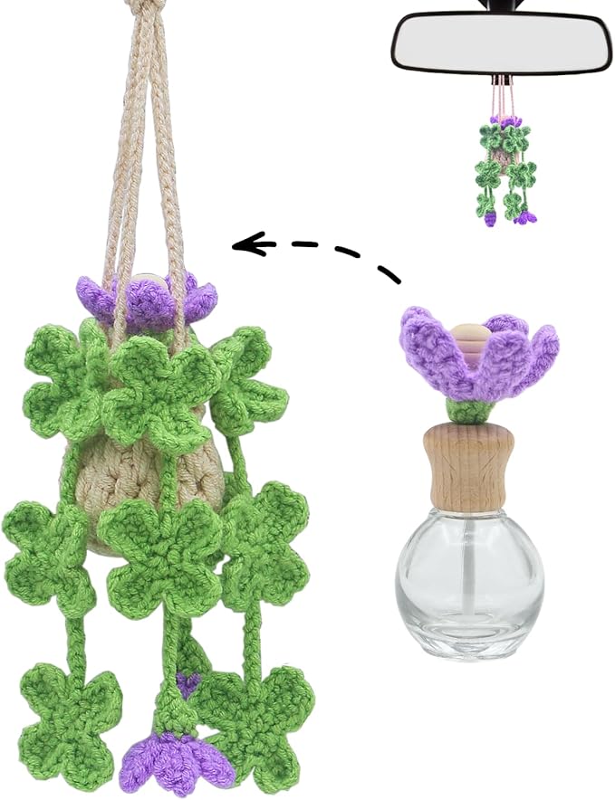 Handmade Crochet Hanging Car Air Freshener - Lucky 4-Leaf Clover Charm with 12ml Refillable Glass Essential Oil Diffuser Bottle, St. Patrick's Day Car Accessories & Bedroom Lucky Decor - Bloomnest