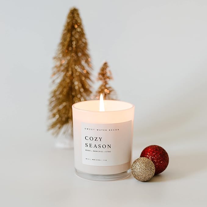 Sweet Water Decor Cozy Season Soy Candles - Fall Candles with Woods, Warm Spice, and Citrus Scent for Home Decor - Soy Candle with 50 Hours Burn Time - 11Oz Wood Lid White Jar Candles Fall Scents - Bloomnest