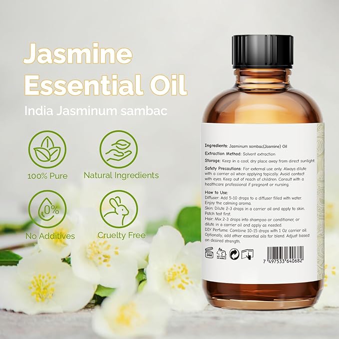 Jasmine Essential Oil 4 Oz, 100% Pure Jasmine Oil for Diffuser, Skin, Hair, Body & Face, Perfume, Floral Scent for Relaxation, Aromatherapy & Massage - Bloomnest