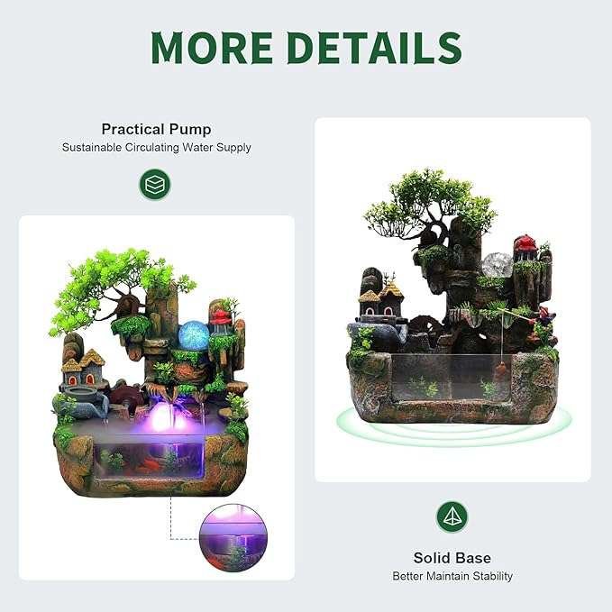 Tabletop Rockery Fountains, Indoor Waterfall Bonsai Desktop, Water Sound Desk Decoration, Mini Rockery Water Fountain with LED Light, With Rockery, Trees, A Stone Mill, And Houses, Home Office Bedroom