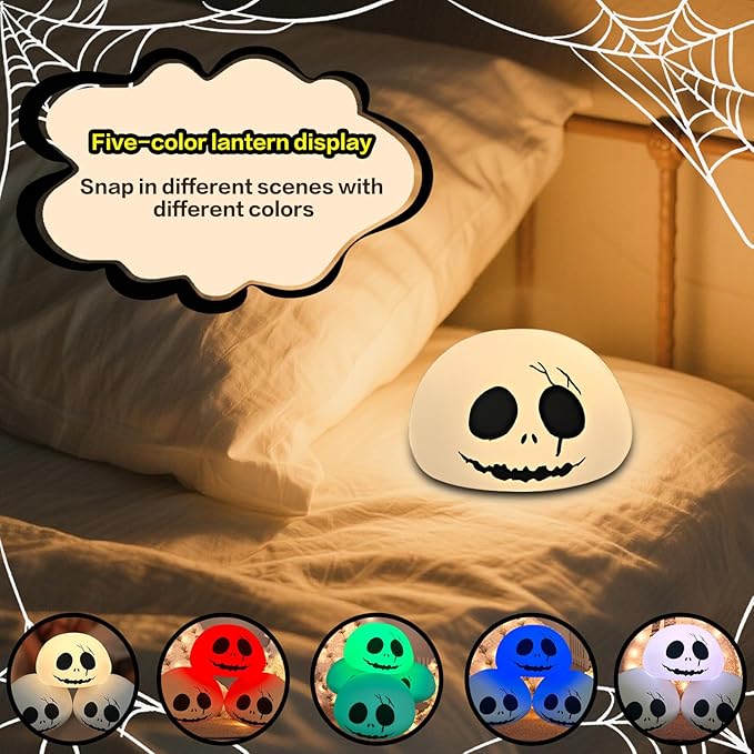 Cute Creative Christmas Skeleton Face Silicon Tap Light - Battery Powered, Multi-Color Changing, Safe and Soft for Indoor Holiday Decoration (White Skellington) - Bloomnest