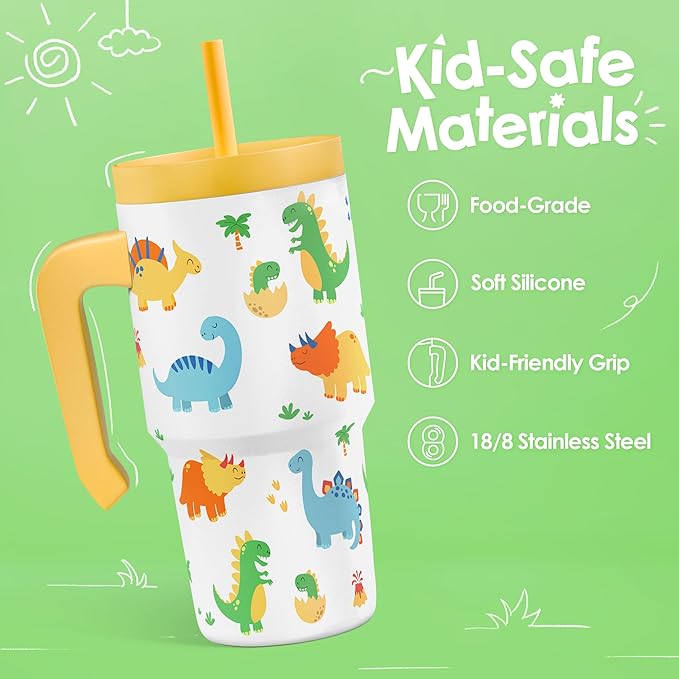 Dinosaur Tumbler 20oz with Handle and Silicone Straw Lid for Kid, Insulated Stainless Steel Cup, Gift for Kids Boys, Gifts Idea for Birthday Christmas Back to School - Bloomnest